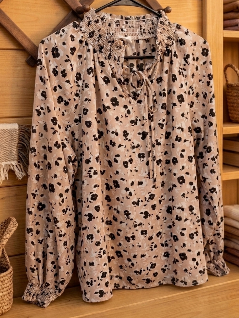 Women's Smocked Neck Floral Blouse - Beige/Black